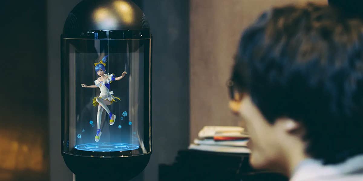 man watching holographic character