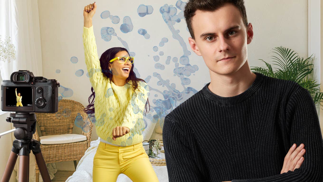 young woman dancing in room, brother throwing water on her