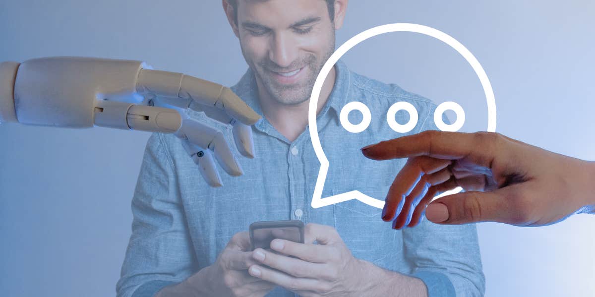 Your Girlfriend, Brought To You By AI man on phone with robot hands hovering nearby