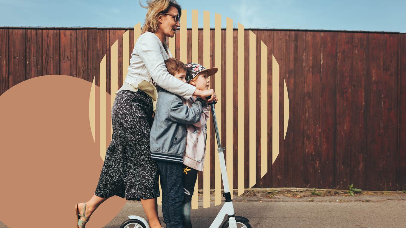 Mother doing things outside the norm riding a scooter with her kids