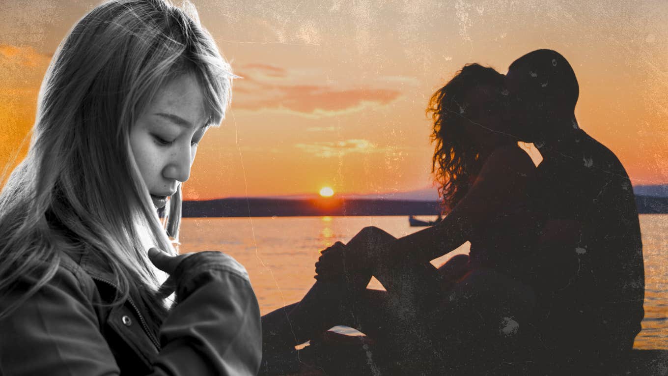 single woman looking down, silhouette of couple sitting on beach at sunset