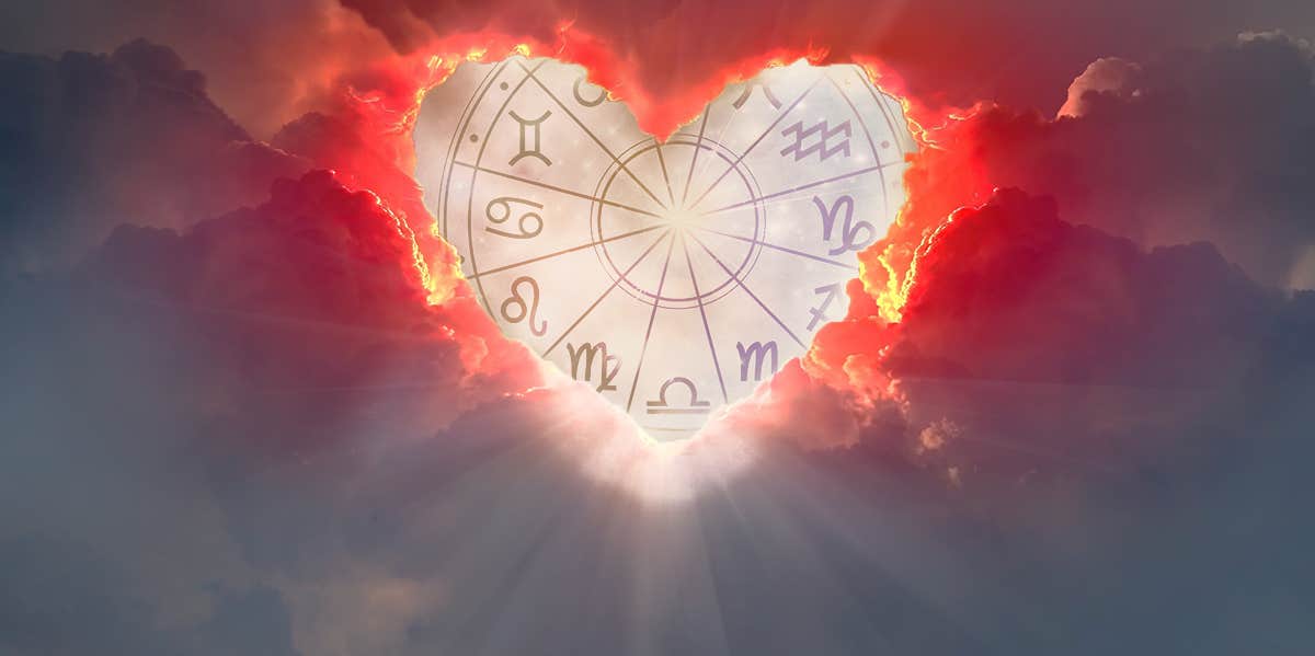 zodiac wheel in the shape of a heart in the clouds