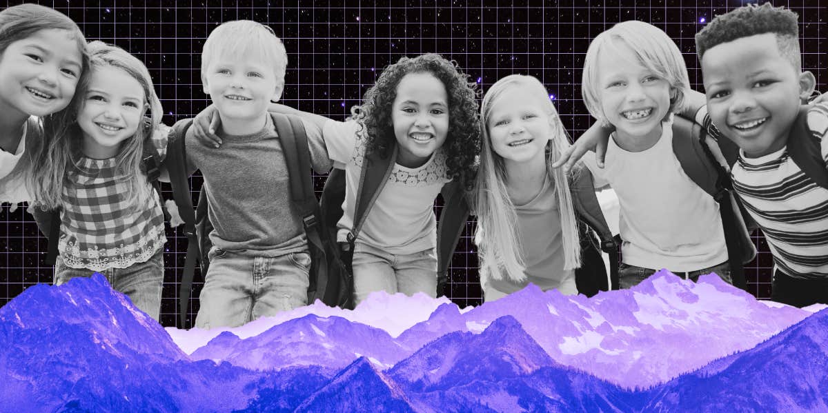 mountain range, group of kids