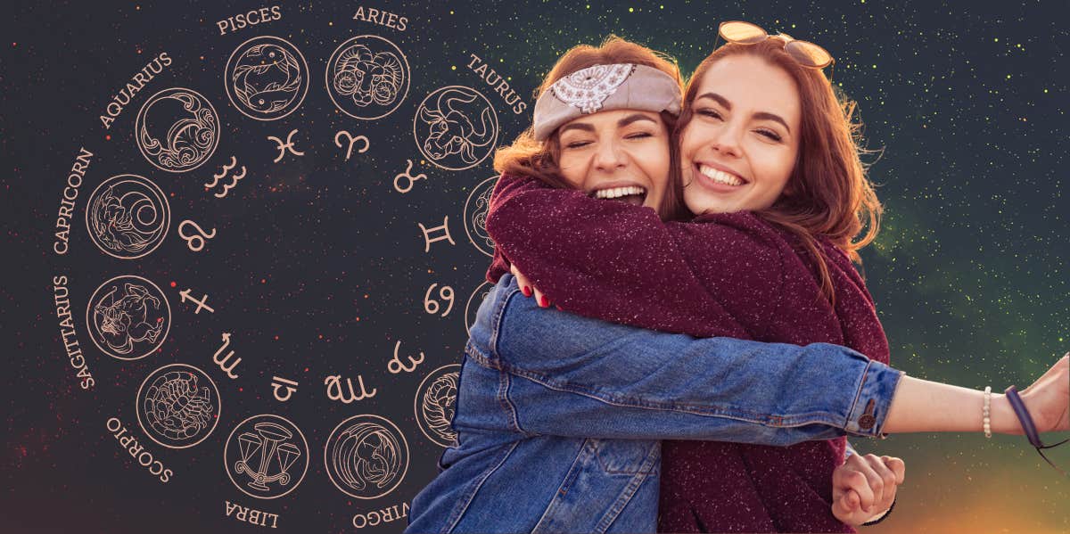 friends hugging astrology wheel