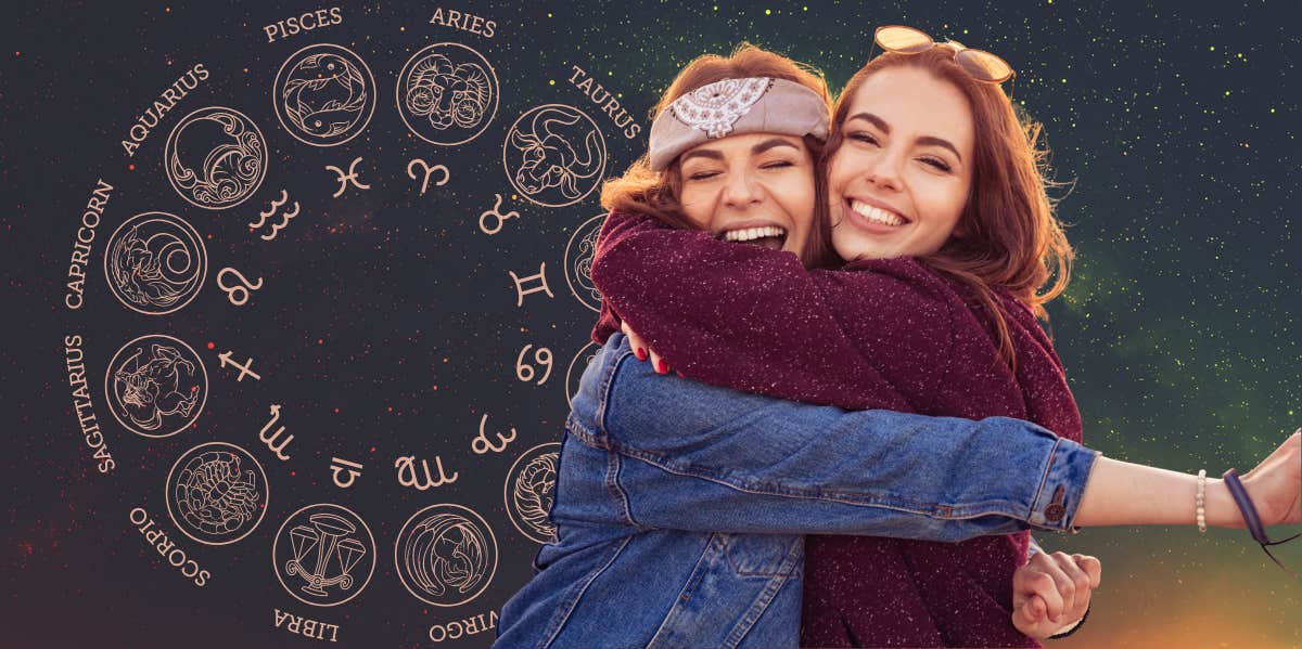 The Best And Worst Zodiac Sign Traits friends hugging astrology wheel