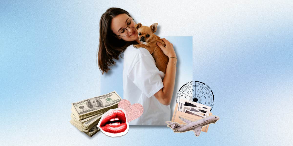 woman holding dog and symbols of abundance