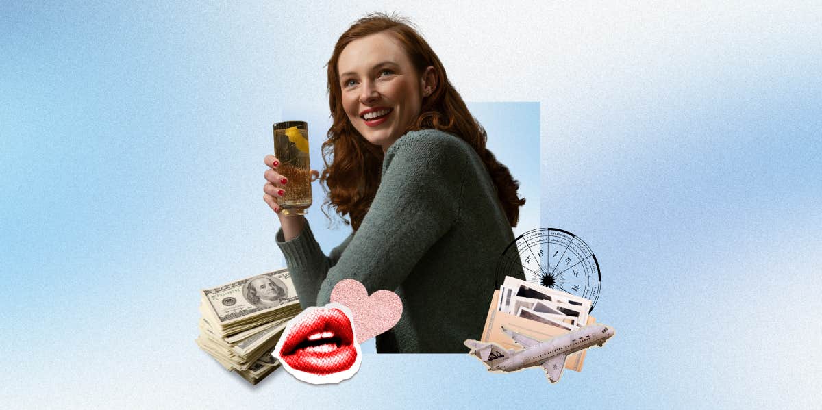 smiling woman holding a drinks and symbolism of abundance