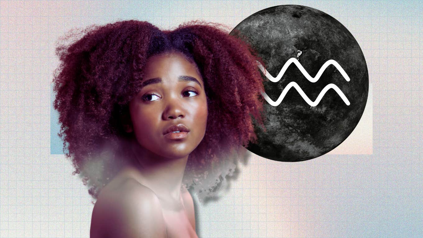 4 Zodiac Signs Most Affected By The New Moon In Aquarius On February 9, 2024 woman and aquarius symbol in front of new moon