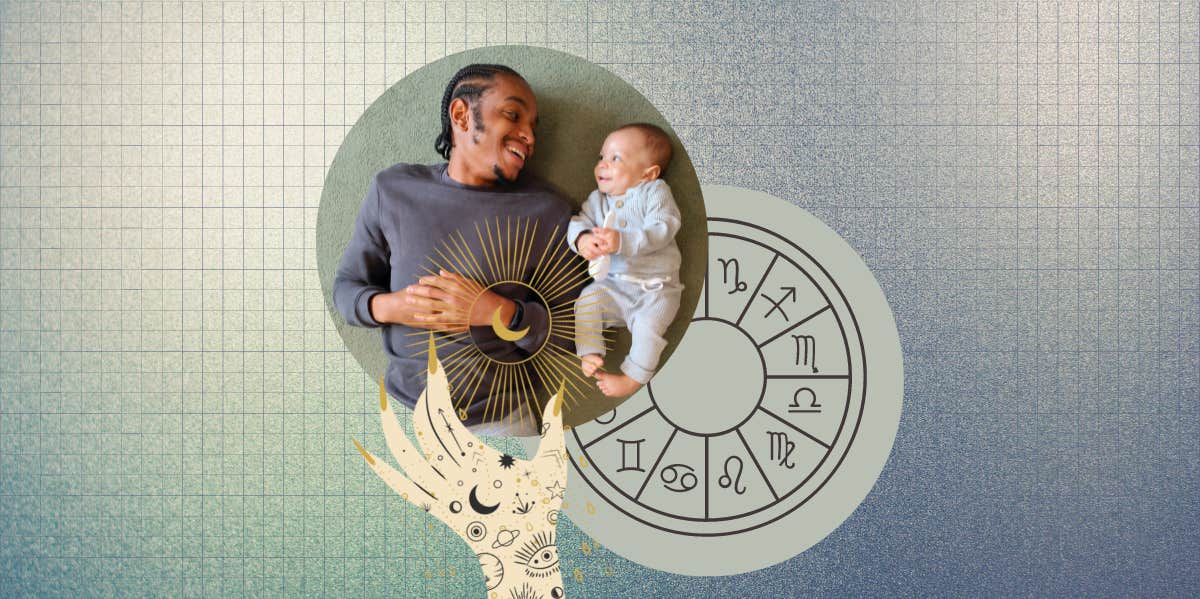 zodiac wheel, astrology hand, father with baby