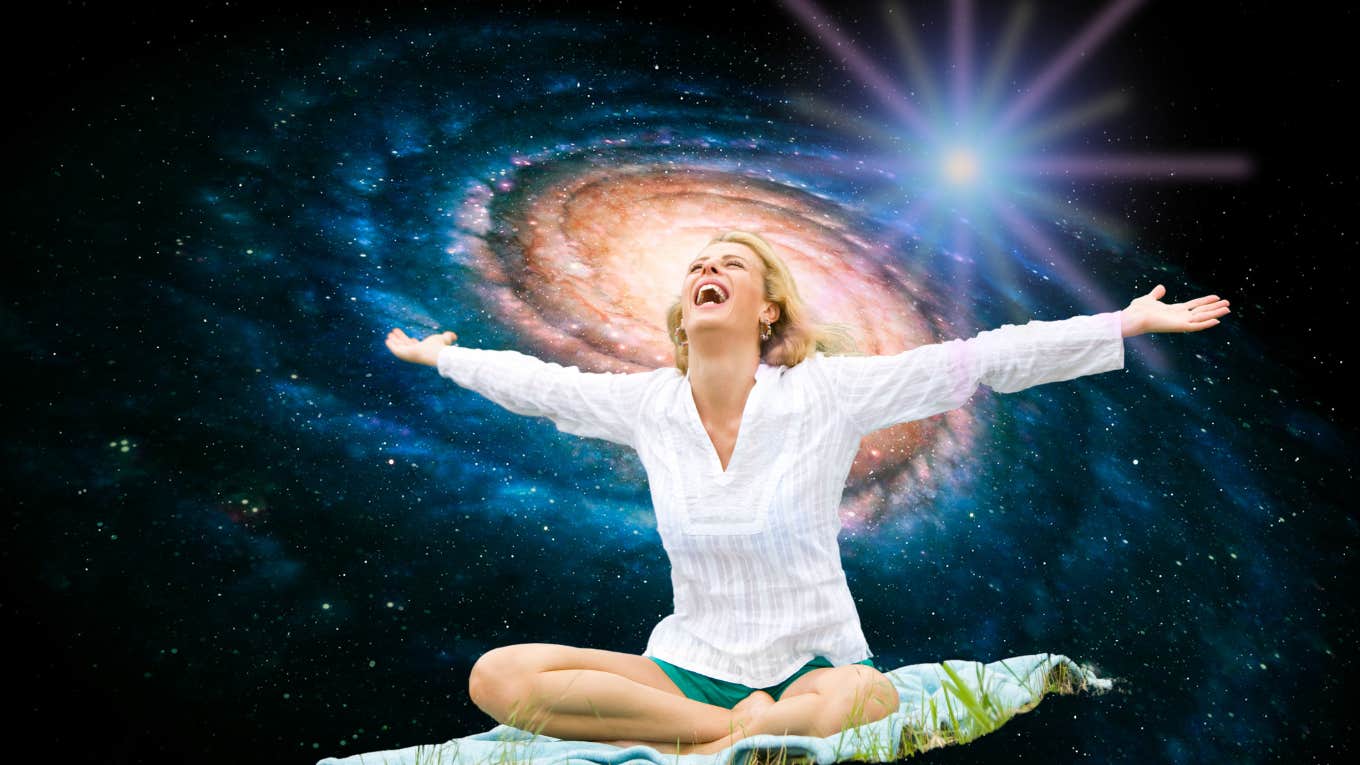 happy woman in cosmic universe