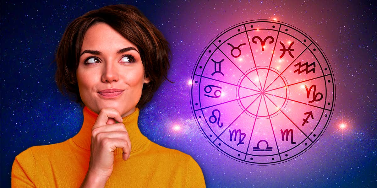zodiac wheel and woman thinking