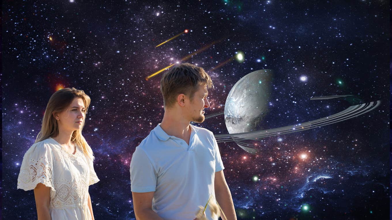man and woman breaking up in outer space