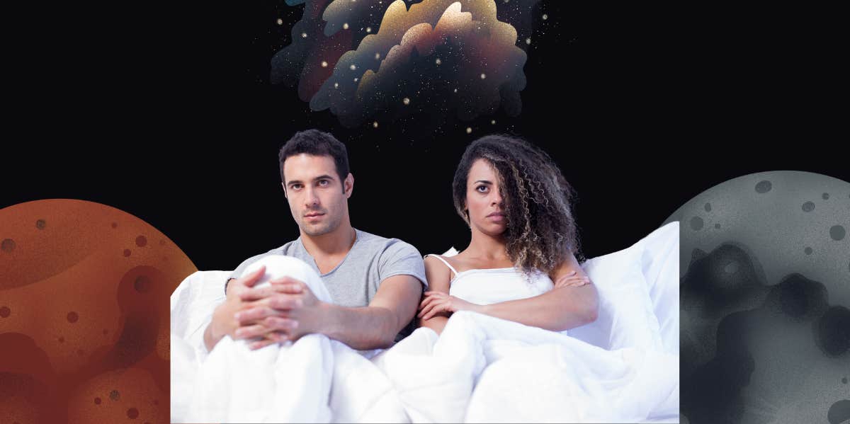 couple in bed in outerspace