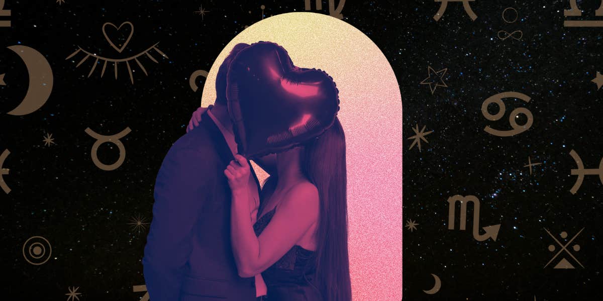 zodiac signs and couple kissing behind heart-shaped balloon