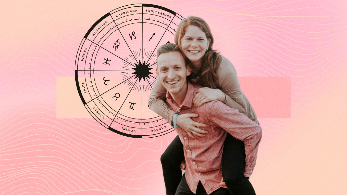 happy couple and zodiac wheel