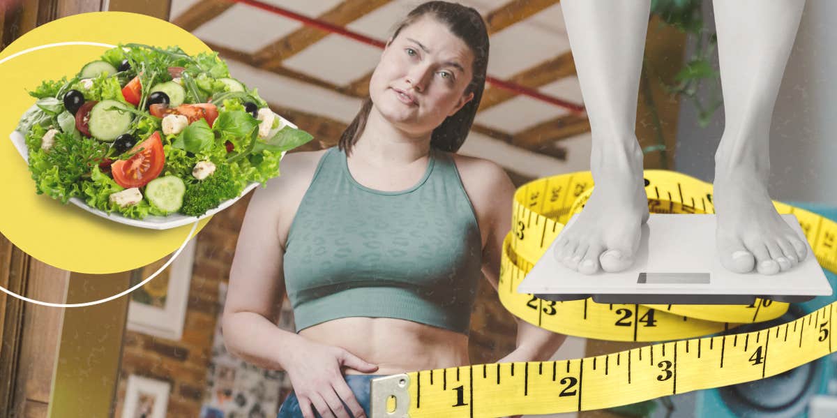 Woman checking her weight in mirror