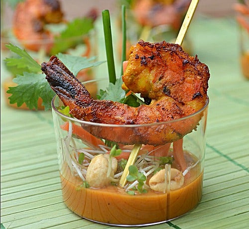 Shrimp Satay Skewer Shooters With Thai Peanut Sauce