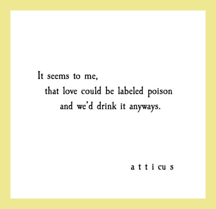 Quotes from Atticus love poetry: It seems to me, that love could be labeled poison and we’d drink it anyways.