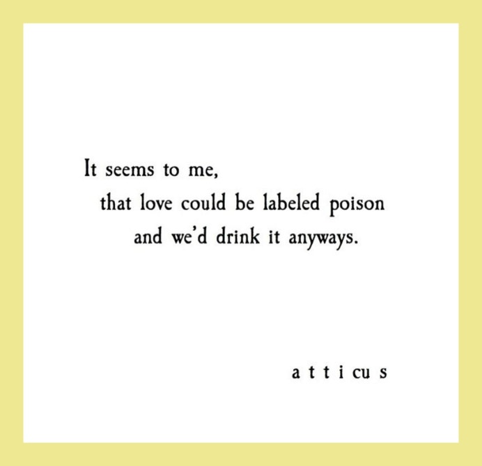 Quotes from Atticus love poetry: It seems to me, that love could be labeled poison and we’d drink it anyways.