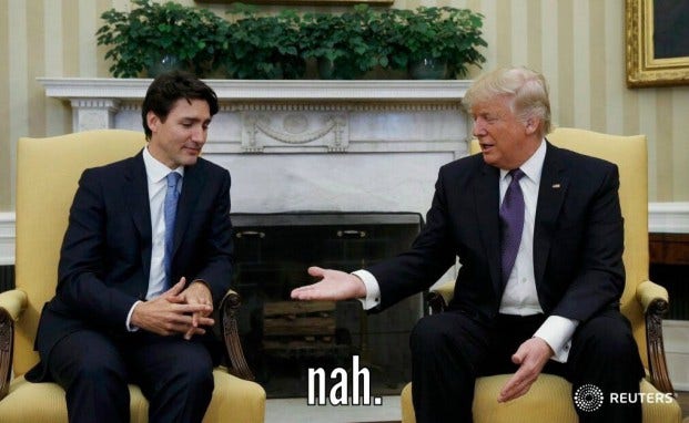 Justin Trudeau Donald Trump meme shaking hands