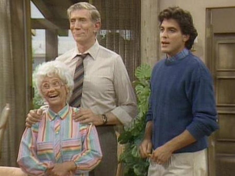 Joe Campanella, Estelle Getty and George Clooney on "Golden Girls"