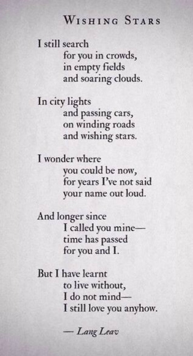 I still search for you in crowds, in empty fields and soaring clouds.