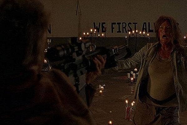 Melissa McBride as Carol Pelletier on The Walking Dead AMC murdering Mary at Terminus in the Season 5 premiere