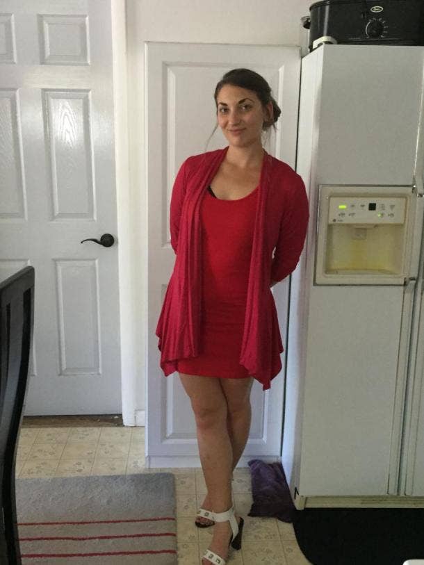 woman in red dress and cardigan