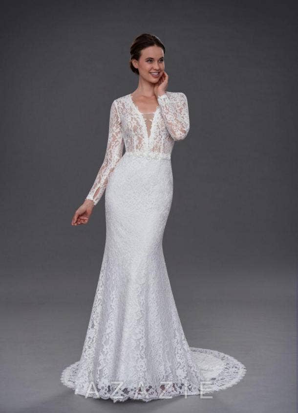 T232057 Flirty Boho All-Over Soft Lace A-line Gown with Plunging Back and  Delicately Beaded Bodice