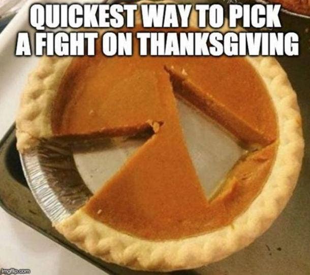 Funny Thanksgiving meme with pumpkin pie sliced in middle.