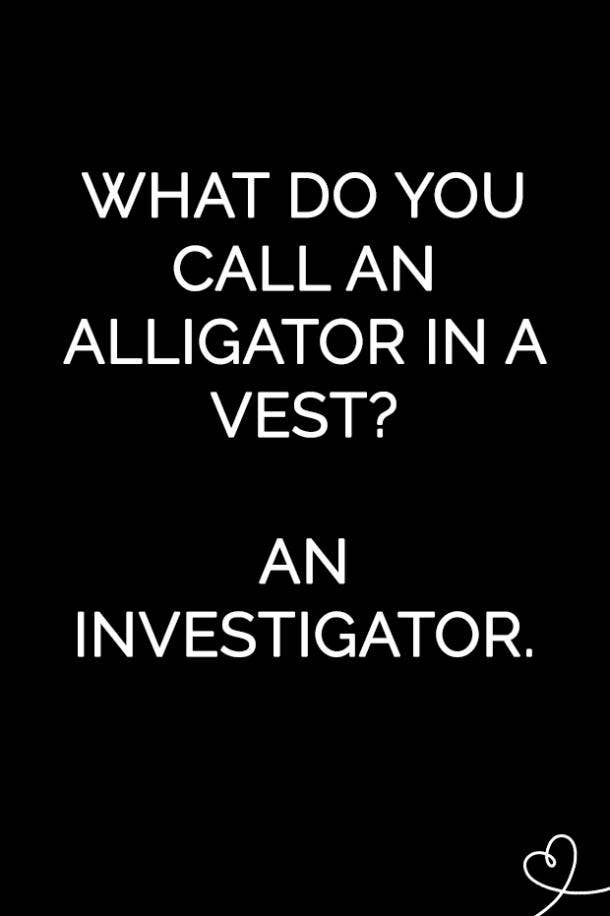 What do you call an alligator in a vest? An Investigator.