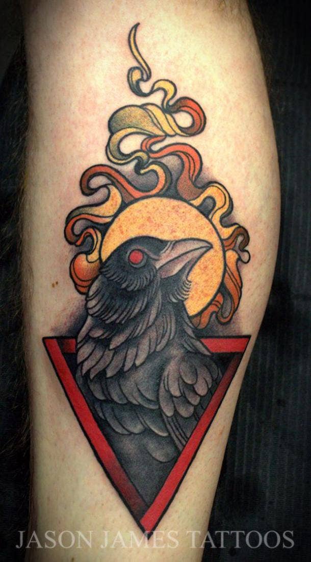 Traditional Raven & Roses Tattoo by Douglas Grady