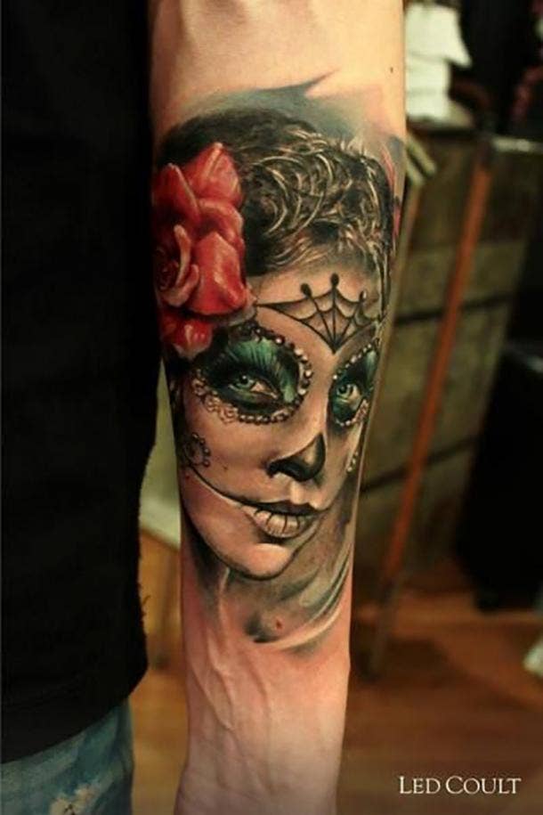 Vector hand drawn tattoo illustration of skull girl with roses. Skull sugar  flower. Skull tattoo isolated on white.Day Of The Dead Skull. Stock Vector  | Adobe Stock
