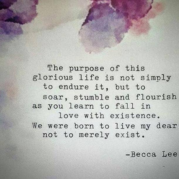 The purpose of this glorious life is not simply to endure it, but to soar, stumble and flourish as you learn to fall in love with existence. We were born to live my dear not merely exist. 
- Becca Lee
