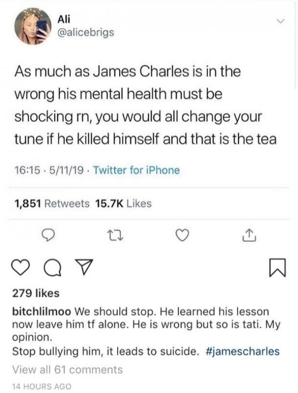 Tweet re bullying of James Charles