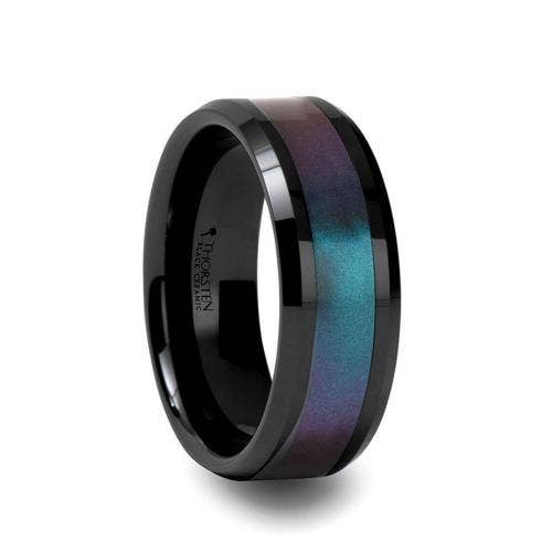 Black Ceramic Ring with Blue/Purple Color Changing Inlay