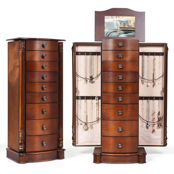 Costway Walnut Jewelry Cabinet with Necklace Organizer & Accessory Storage
