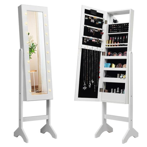 Costway White Mirrored Jewelry Cabinet with 18 LED Lights