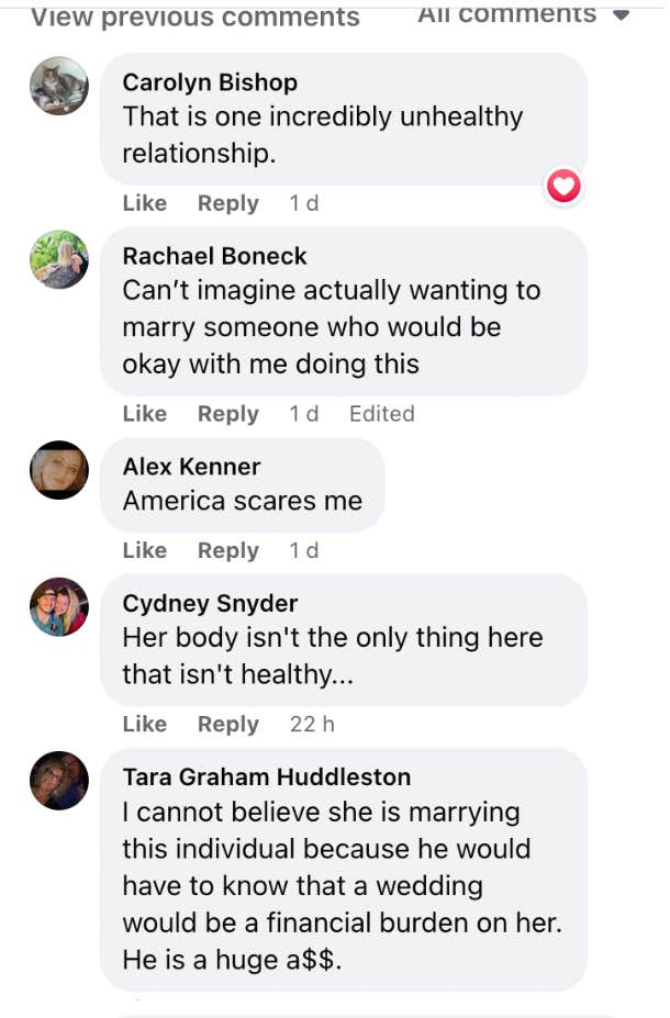 bride-to-be facebook post comments