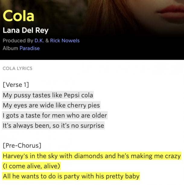 Genius Lana Del Rey Cola lyrics Harvey