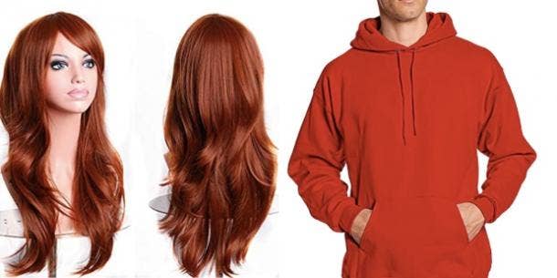 red hair wig and red hoodie