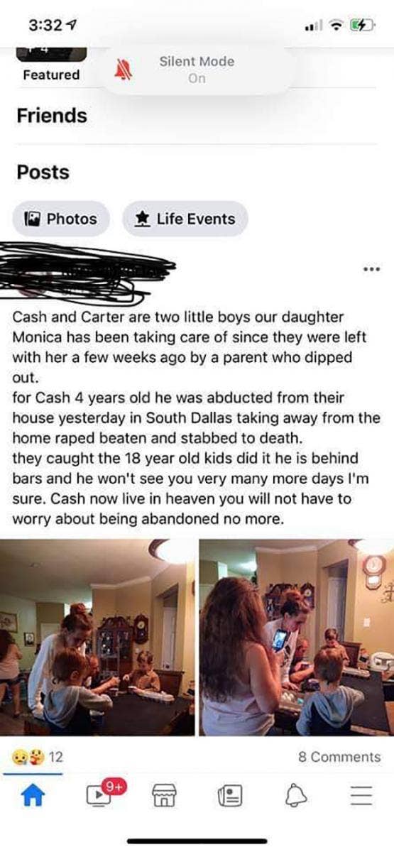 Facebook post by the alleged father of the woman who the twin boys were living with.