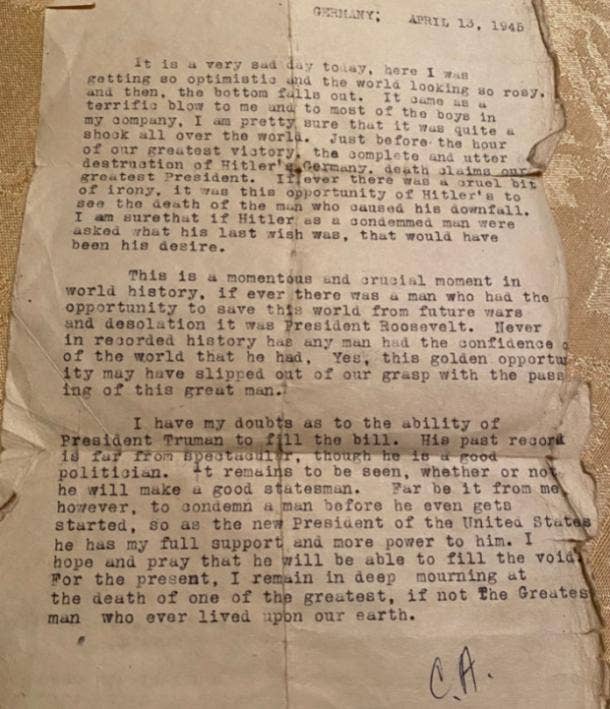 WWII veteran's letter on April 13, 1945