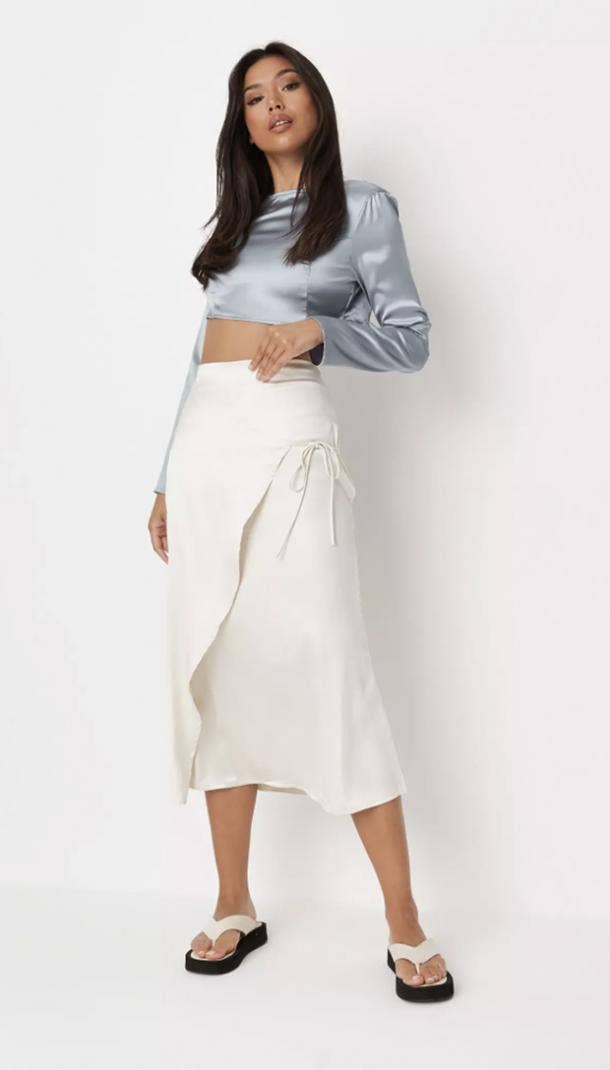 missguided cream satin tie side midi skirt