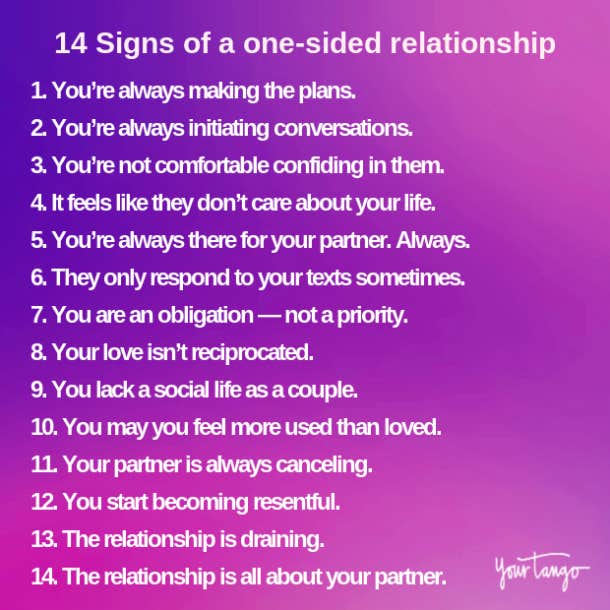 signs of a one-sided relationship in white font on blue and purple background