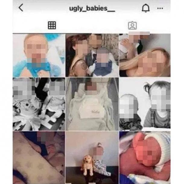 Blurred images of the babies shown on the ugly_babies_ Instagram page.