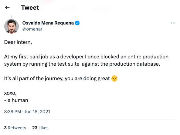  "Dear Intern, at my first paid job as a developer I once blocked an entire production system by running the test suite against the production database. It's all part of the journey, you are doing great [relieved smile emoji]. xoxo, a human."