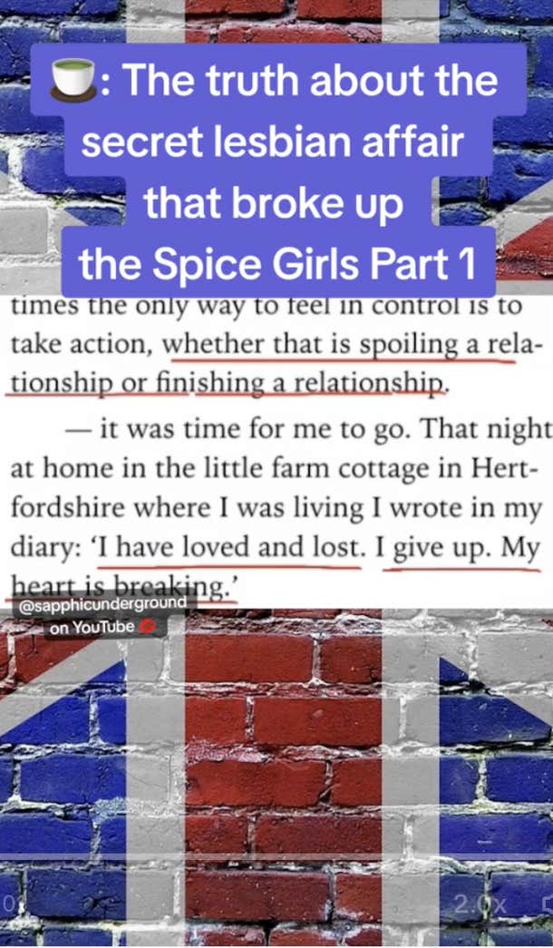 screenshot from tiktok about how a love affair between mel b and geri halliwell broke up the spice girls