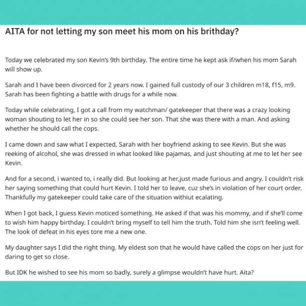 dad refused to let son see his mom and cant bring himself to tell him the truth about her addiction