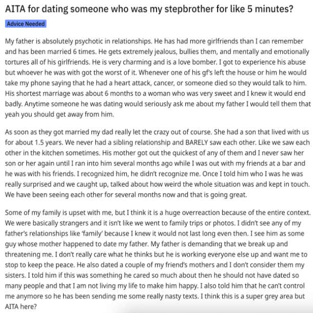 woman asks if it's weird for her to date her former step brother